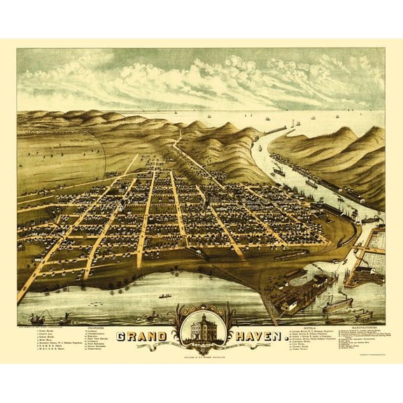 Historic Panoramic View - Grand Haven Michigan - Shober 1874 - 23 x 28.45 - Vintage Wall Art