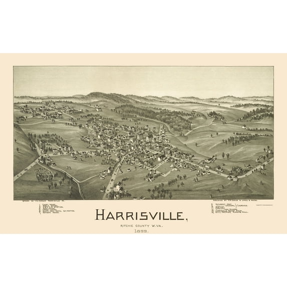Historic Panoramic View - Harrisville West Virginia - Fowler 1899 - Vintage Wall Art