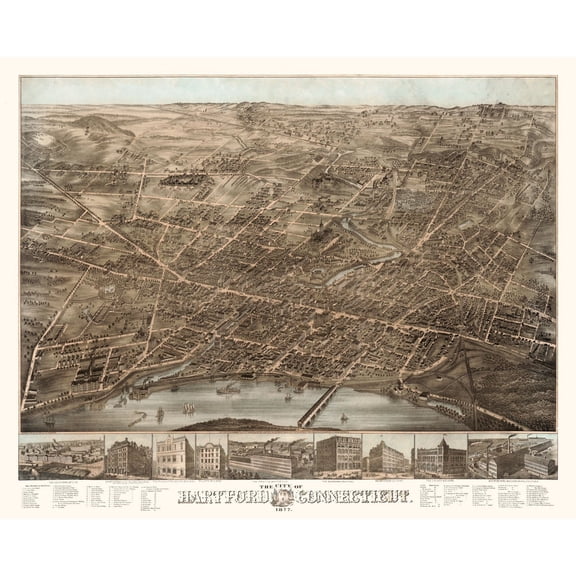 Historic Panoramic View - Hartford Connecticut - Bailey 1877 - 28.64 x 23 - Vintage Wall Art