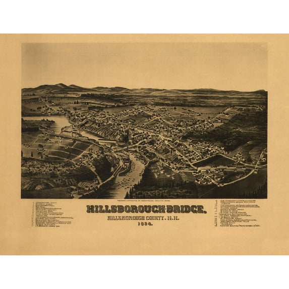 Historic Panoramic View - Hillsborough Bridge New Hampshire - Norris 1884 - Vintage Wall Art