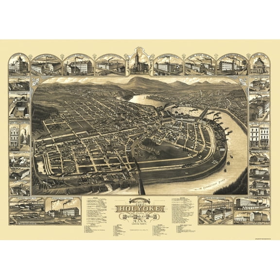 Historic Panoramic View - Holyoke South Hadley Falls Massachusetts - Stoner 1881 - Vintage Wall Art