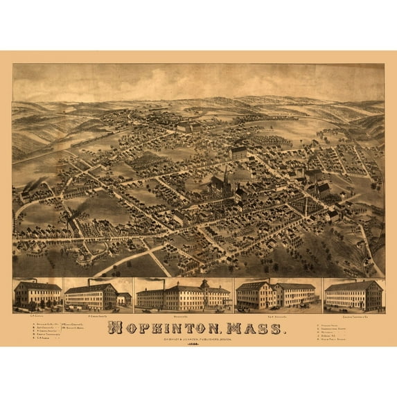 Historic Panoramic View - Hopkinton Massachusetts - Bailey 1880 - Vintage Wall Art