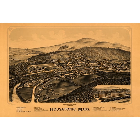 Historic Panoramic View - Housatonic Massachusetts - Burleigh 1890 - Vintage Wall Art