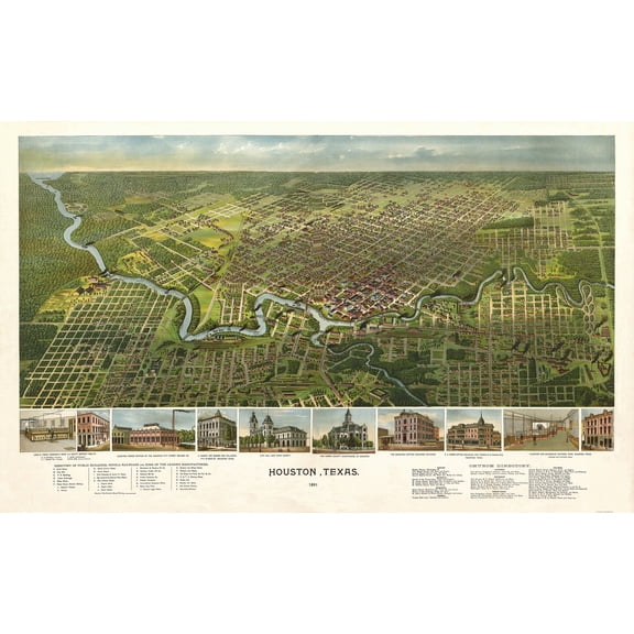 Historic Panoramic View - Houston Texas - 1891 - 37.19 x 23 - Vintage Wall Art