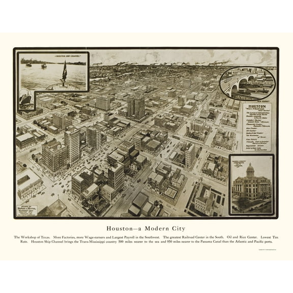 Historic Panoramic View - Houston Texas - Hopkins 1912 - 23 x 29.56 - Vintage Wall Art