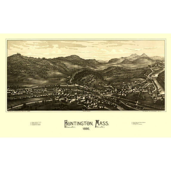 Historic Panoramic View - Huntington Massachusetts - Burleigh 1886 - Vintage Wall Art