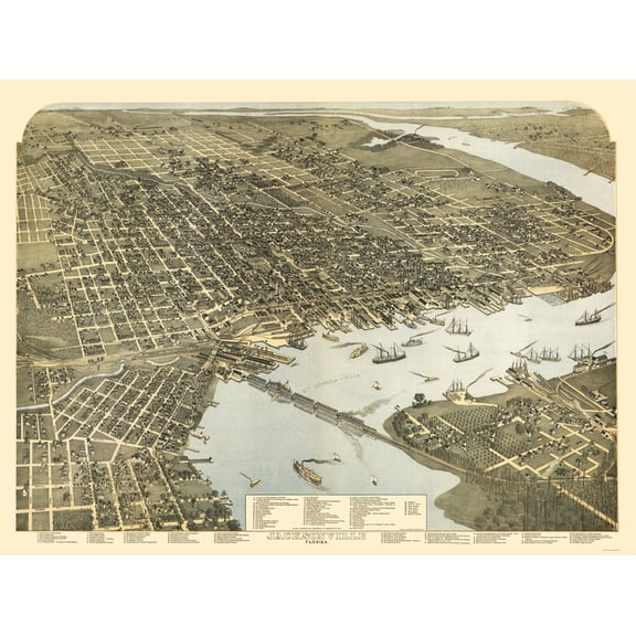 Historic Panoramic View - Jacksonville Florida - Koch 1893 - 23 x 30.72 - Vintage Wall Art