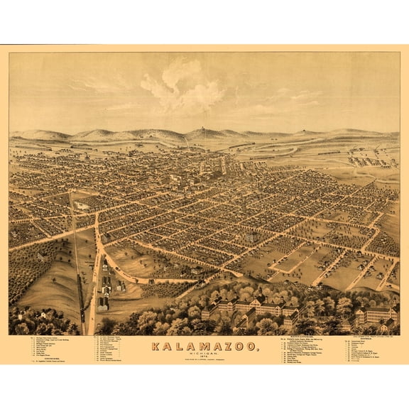 Historic Panoramic View - Kalamazoo Michigan - Stoner 1874 - 29.35 x 23 - Vintage Wall Art