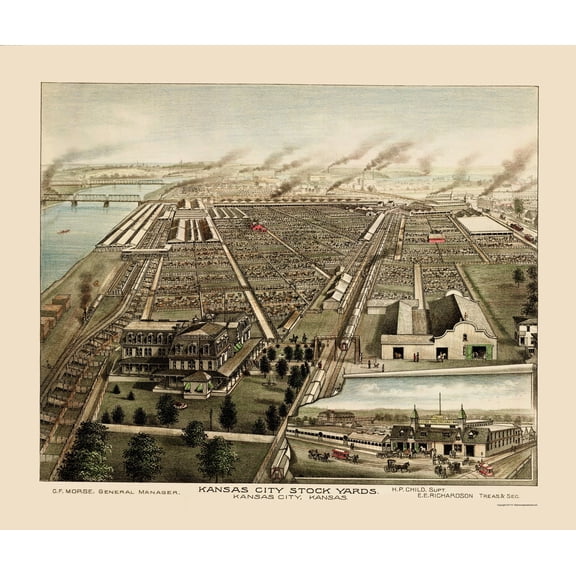 Historic Panoramic View - Kansas City Kansas Stockyards - Child 1870 - Vintage Wall Art