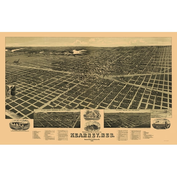 Historic Panoramic View - Kearney Nebraska - American Pub Co 1889 - Vintage Wall Art