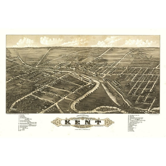 Historic Panoramic View - Kent Ohio - Stoner 1882 - 35.25 x 23 - Vintage Wall Art