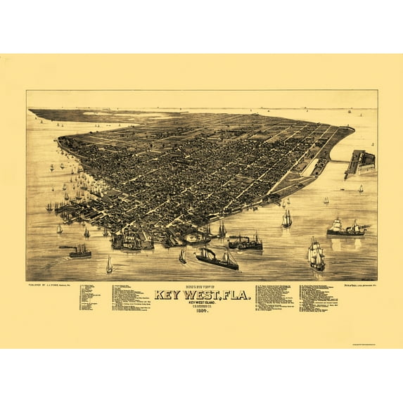 Historic Panoramic View - Key West Florida - Stoner 1884 - Vintage Wall Art