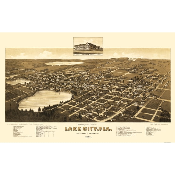 Historic Panoramic View - Lake City Florida - Beck 1885 - Vintage Wall Art