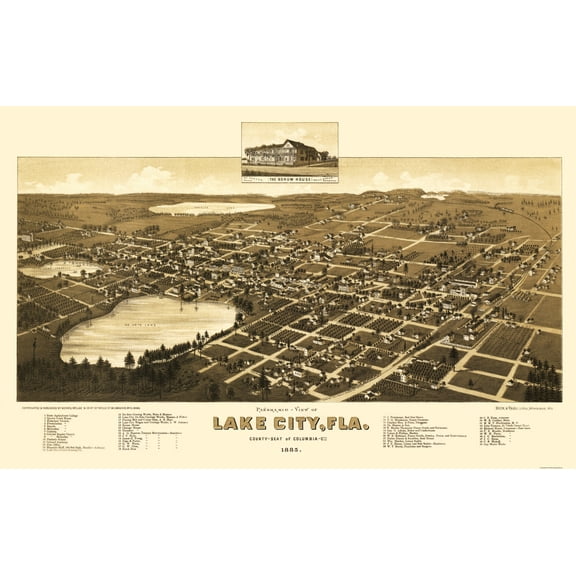 Historic Panoramic View - Lake City Florida - Beck 1885 - 23 x 36.41 - Vintage Wall Art