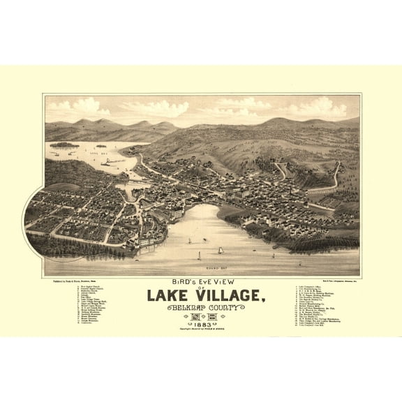 Historic Panoramic View - Lake Village New Hampshire - Poole 1883 - Vintage Wall Art