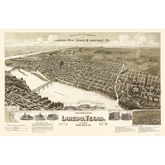 Historic Panoramic View - Laredo Texas - American Pub Co 1892 - 23 x 35.19 - Vintage Wall Art