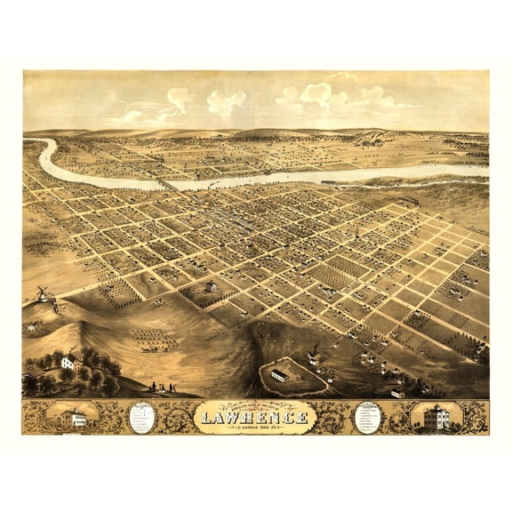 Historic Panoramic View - Lawrence Kansas - Ruger 1869 - 29.48 x 23 - Vintage Wall Art