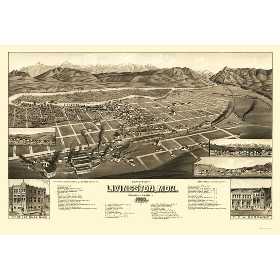 Historic Panoramic View - Livingston Montana - Stoner 1884 - 23 x 33.92 - Vintage Wall Art