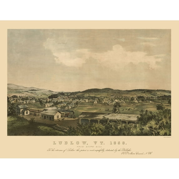Historic Panoramic View - Ludlow Vermont - Moore 1859 - Vintage Wall Art