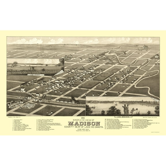 Historic Panoramic View - Madison South Dakota - Stoner 1883 - 23 x 36.28 - Vintage Wall Art
