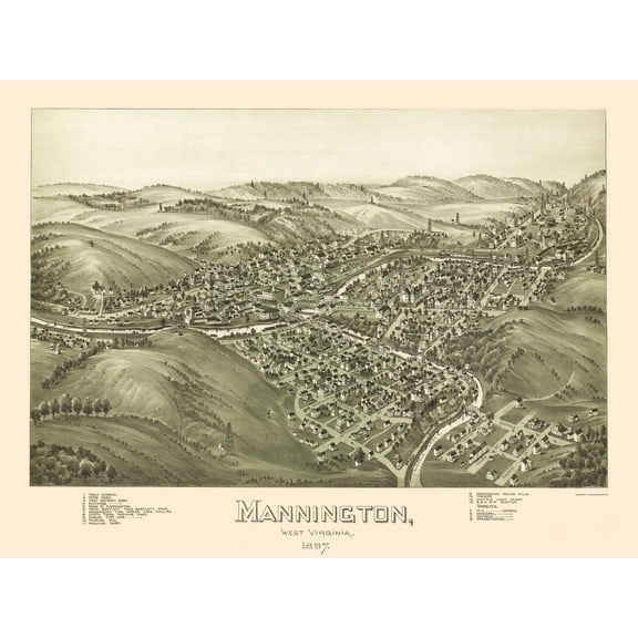Historic Panoramic View - Mannington West Virginia - Fowler 1897 - 23 x 30.60 - Vintage Wall Art