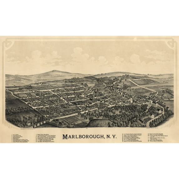 Historic Panoramic View - Marlborough New York - Burleigh 1891 - 38.38 x 23 - Vintage Wall Art