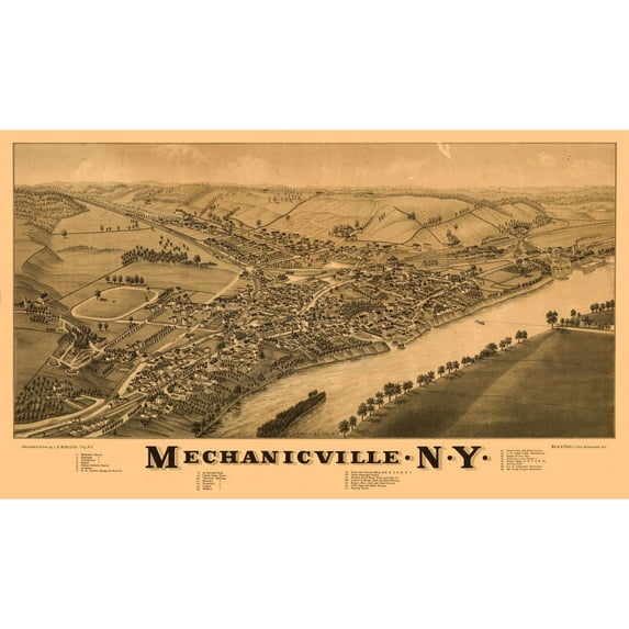 Historic Panoramic View - Mechanicville New York - Burleigh 1880 - Vintage Wall Art