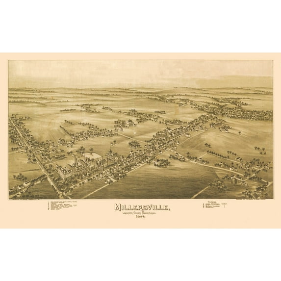 Historic Panoramic View - Millersville Pennsylvania - Fowler 1894 - 36.70 x 23 - Vintage Wall Art