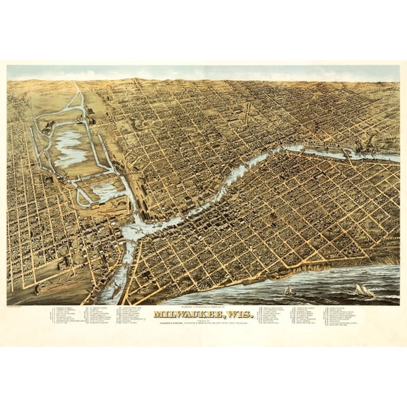 Historic Panoramic View - Milwaukee Wisconsin - Bailey 1872 - Vintage Wall Art