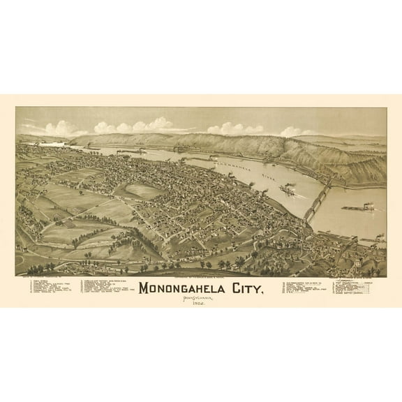 Historic Panoramic View - Monongahela Pennsylvania - Fowler 1902 - 43.29 x 23 - Vintage Wall Art