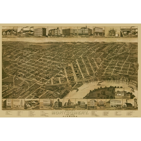 Historic Panoramic View - Montgomery Alabama - Wellge 1887 - 23 x 34.50 - Vintage Wall Art