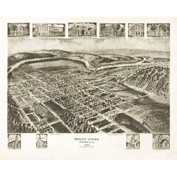Historic Panoramic View - Mount Union Pennsylvania - Fowler 1906 - Vintage Wall Art