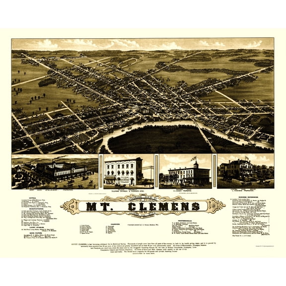 Historic Panoramic View - Mt Clemens Michigan - Beck 1881 - Vintage Wall Art