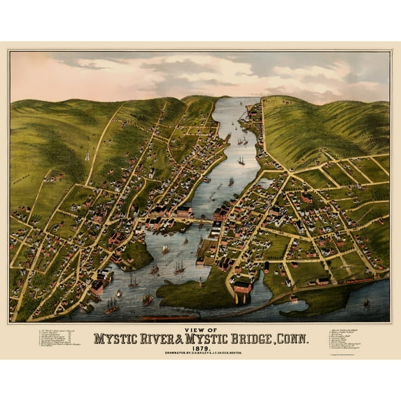 Historic Panoramic View - Mystic River Mystic Bridge Connecticut - Bailey 1879 - Vintage Wall Art