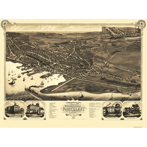 Historic Panoramic View - Nantucket Massachusetts - Stoner 1881 - 31 x 23 - Vintage Wall Art