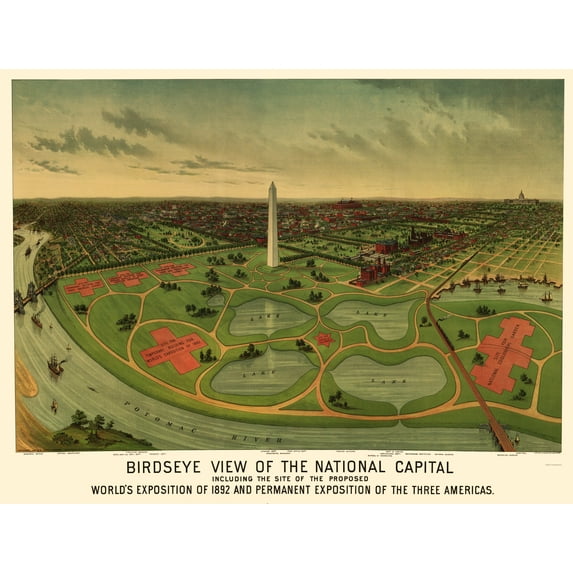 Historic Panoramic View - National Mall Washington DC - Johnson 1888 - 23 x 30.23 - Vintage Wall Art