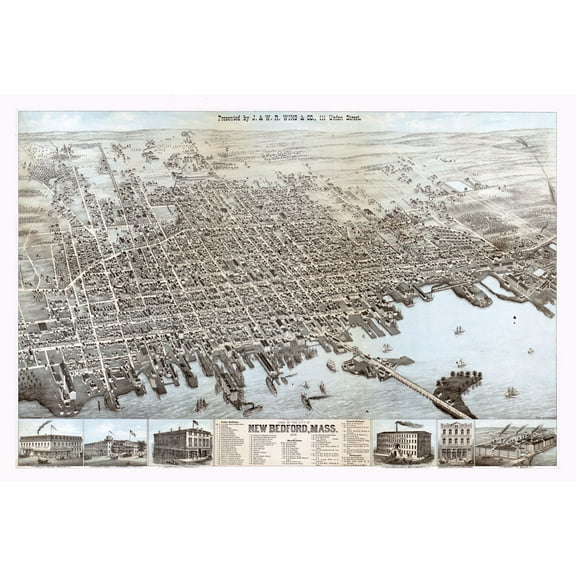 Historic Panoramic View - New Bedford Massachusetts - Wing 1876 - Vintage Wall Art