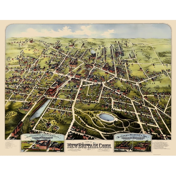 Historic Panoramic View - New Britain Connecticut - Bailey 1875 - Vintage Wall Art