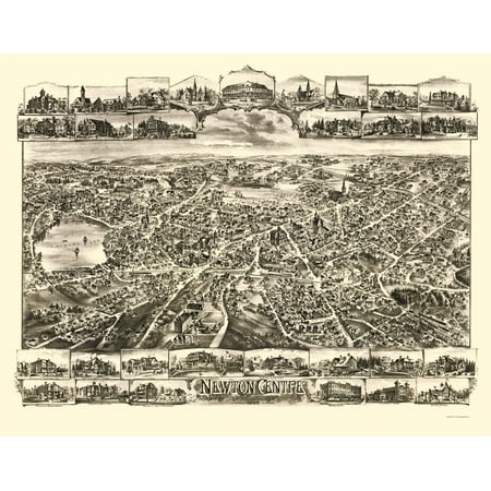 Historic Panoramic View - Newton Centre Massachusetts - Bailey 1897 - Vintage Wall Art price history and forecast - MAPS OF THE PAST