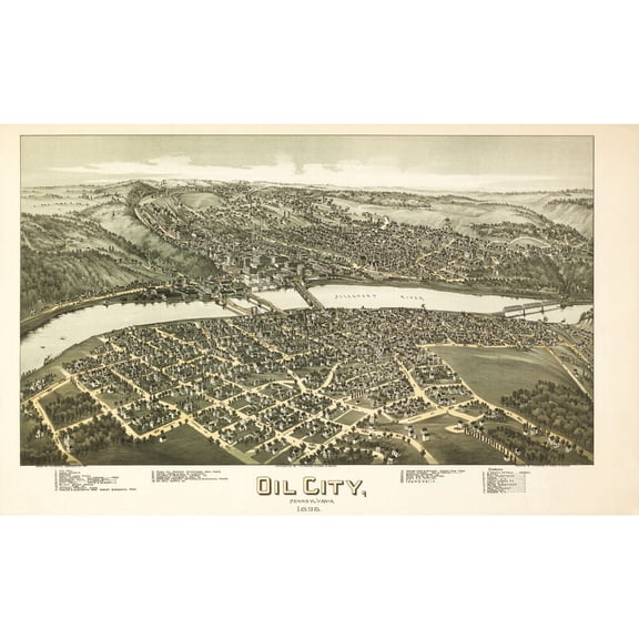 Historic Panoramic View - Oil City Pennsylvania - Fowler 1896 - 37.54 x 23 - Vintage Wall Art