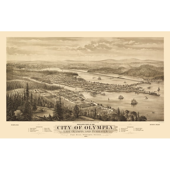 Historic Panoramic View - Olympia Washington - Glover 1879 - Vintage Wall Art