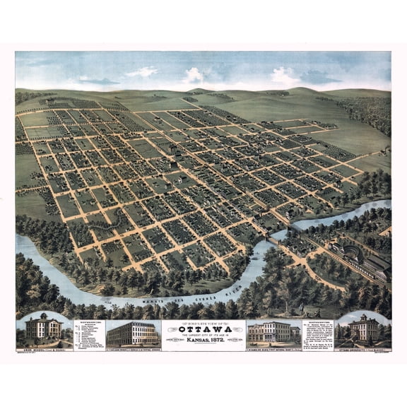 Historic Panoramic View - Ottawa Kansas - Glover 1872 - Vintage Wall Art