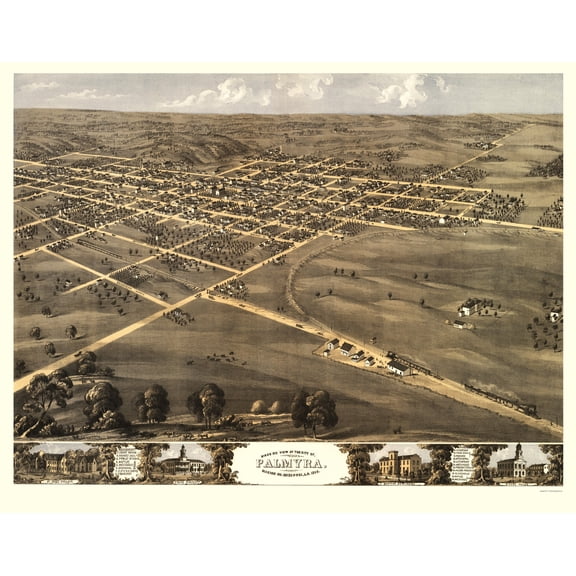 Historic Panoramic View - Palmyra Missouri - Ruger 1869 - 23 x 29.34 - Vintage Wall Art
