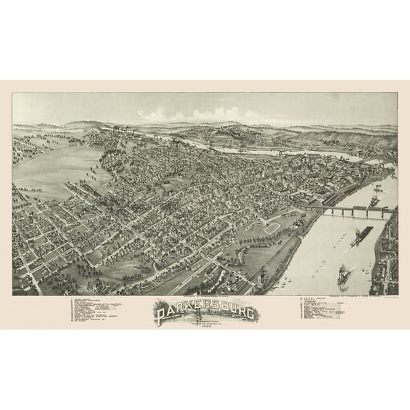 Historic Panoramic View - Parkersburg West Virginia - Fowler 1899 - 23 x 37.69 - Vintage Wall Art