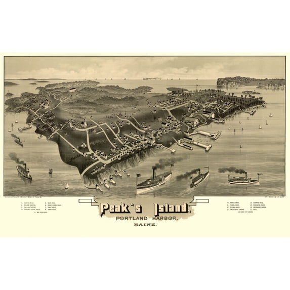 Historic Panoramic View - Peaks Island Maine - Morris 1886 - 35.98 x 23 - Vintage Wall Art