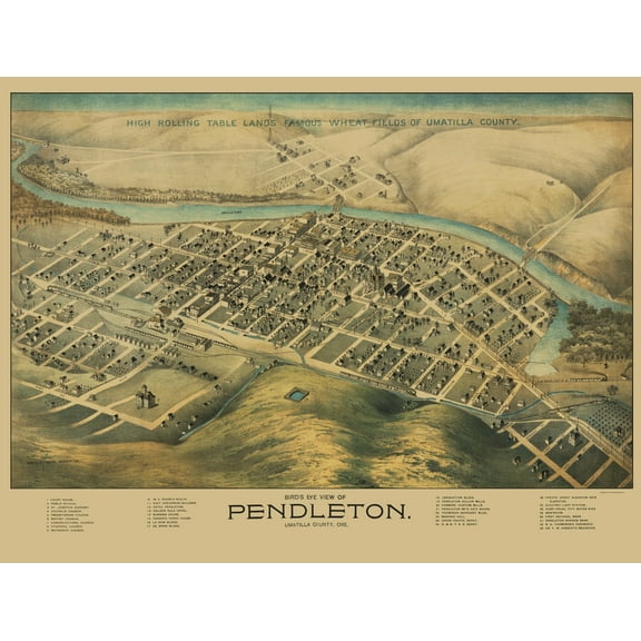 Historic Panoramic View - Pendleton Oregon - Dakin 1890 - 23 x 30.27 - Vintage Wall Art