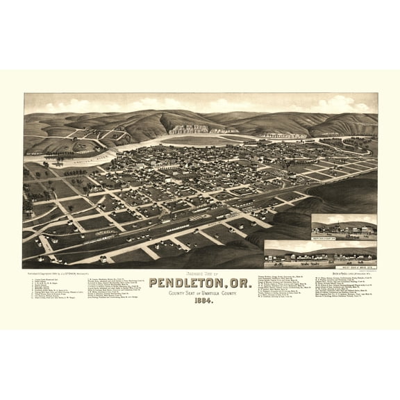 Historic Panoramic View - Pendleton Oregon - Stoner 1884 - Vintage Wall Art