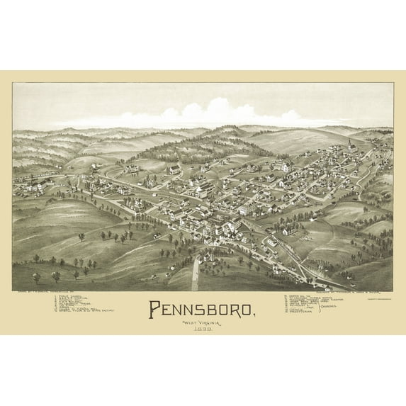 Historic Panoramic View - Pennsboro West Virginia - Fowler 1899 - 23 x 35.22 - Vintage Wall Art