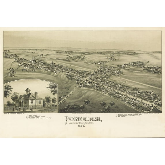 Historic Panoramic View - Pennsburg Pennsylvania - Fowler 1894 - Vintage Wall Art