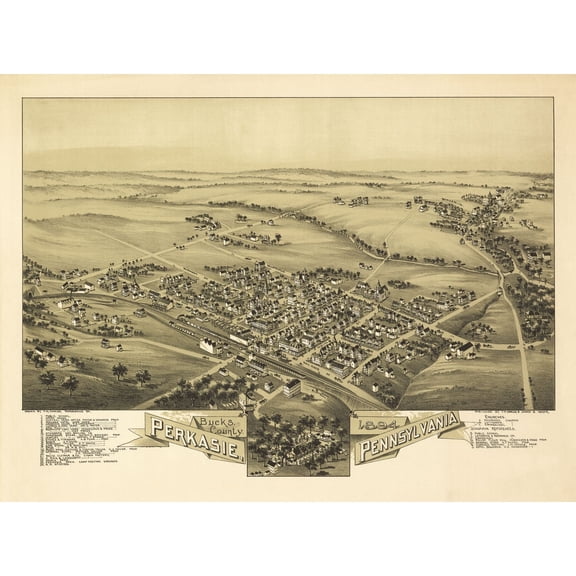 Historic Panoramic View - Perkasie Pennsylvania - Fowler 1894 - Vintage Wall Art
